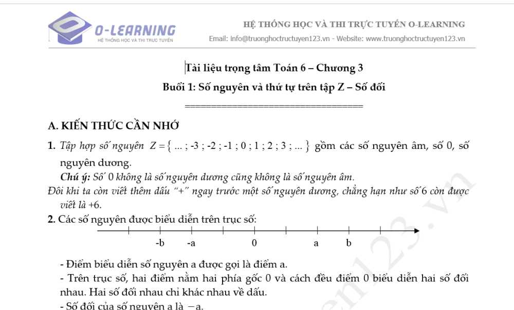 Toán 6. Tài liệu trọng tâm Chương 3. Buổi 1: Số nguyên và thứ tự trên tập Z. Số đối.